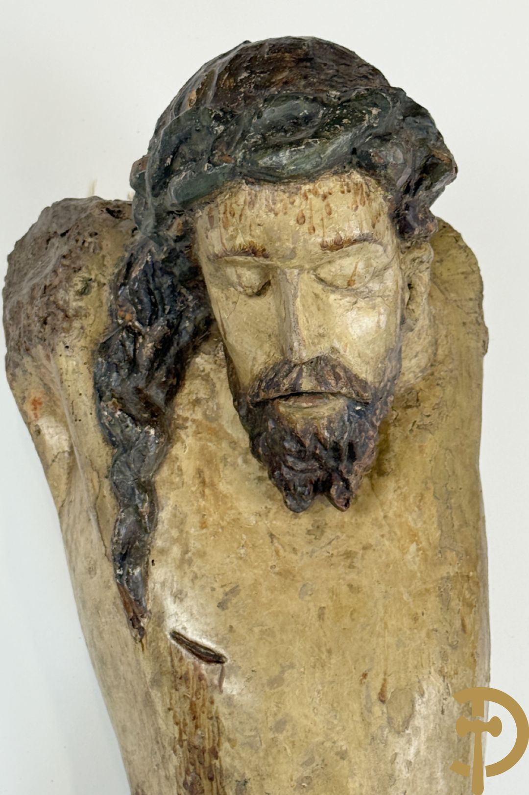 Antieke houtgesculpteerde gepolychromeerde Christus met lenden doek, zonder armen, 16e-17e ?