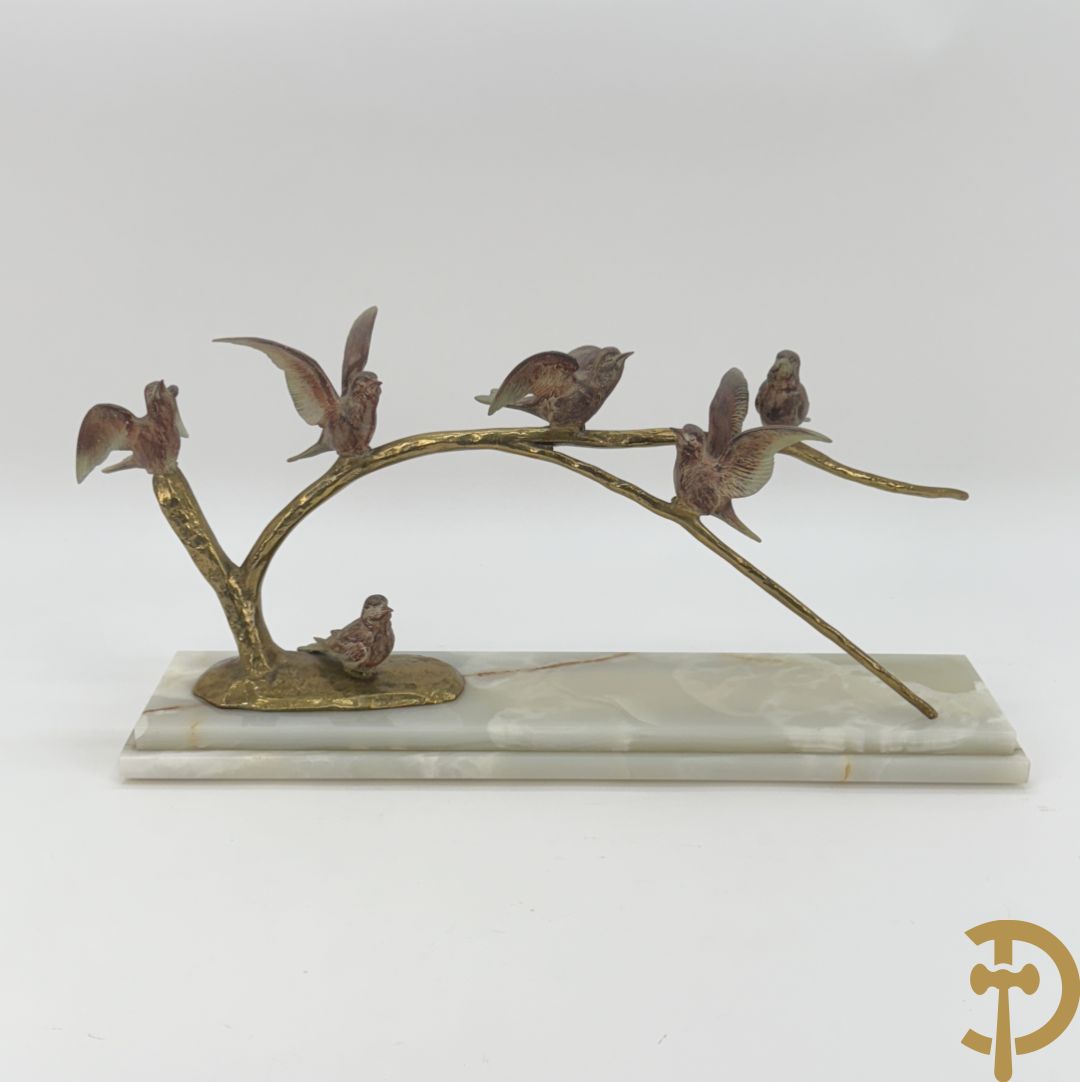Ongetekend - Vergulde bronzen tak met zes vogels, op onix marmeren sokkel