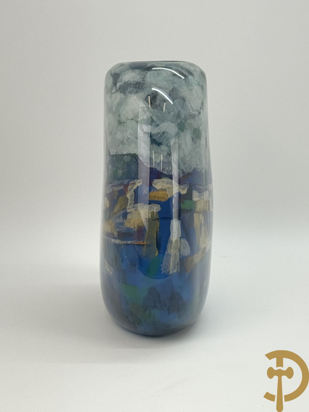 Ongetekend kleurrijke modernistische glaspasta vaas met impressionistisch landschapsdecor