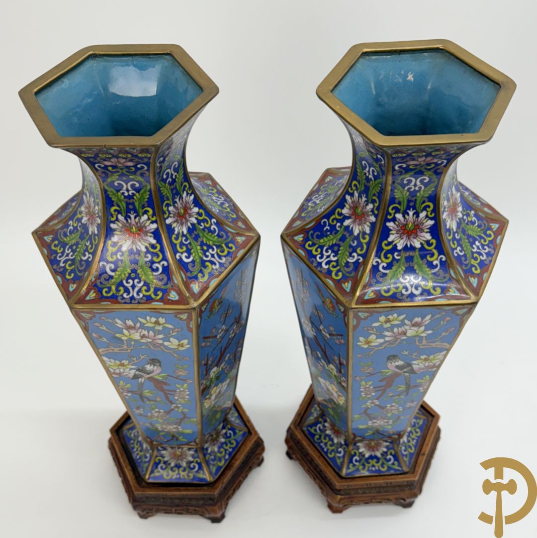 Paar zeshoekige cloisonévazen met bloemen en vogeldecor - op houten sokkels