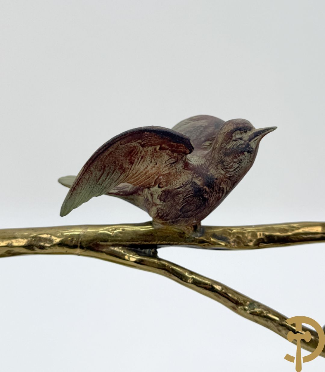 Ongetekend - Vergulde bronzen tak met zes vogels, op onix marmeren sokkel