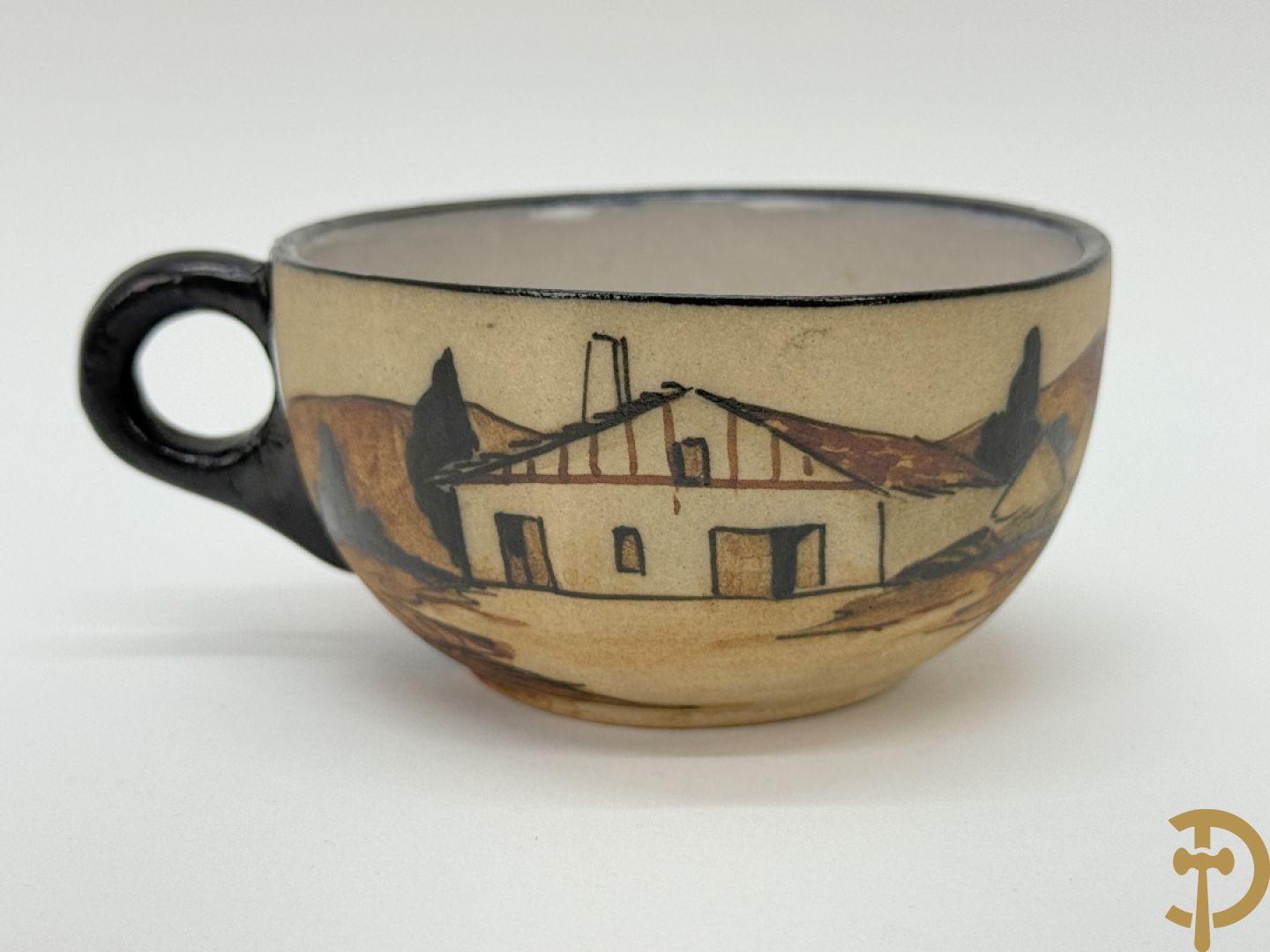 Tète à tète in meerkleurige faience Grès van Ciboure, getekend R. Le Corrone, bestaande uit theekan, melkkan, suikerpot, 2 tasjes en 2 schoteltjes