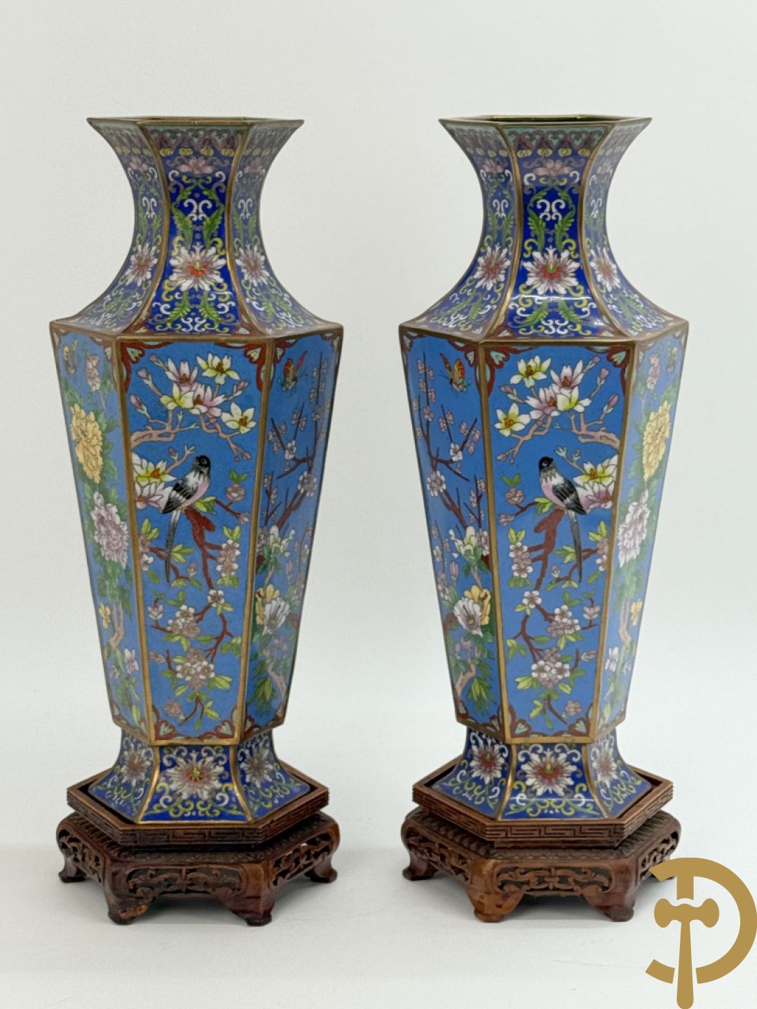 Paar zeshoekige cloisonévazen met bloemen en vogeldecor - op houten sokkels