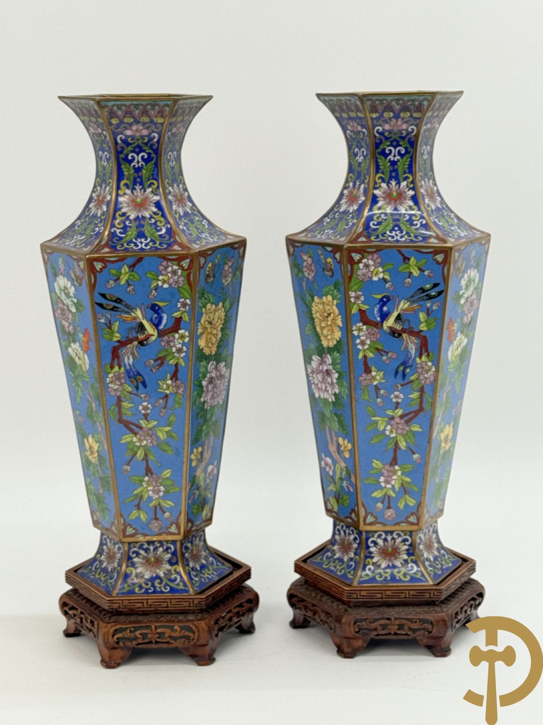 Paar zeshoekige cloisonévazen met bloemen en vogeldecor - op houten sokkels