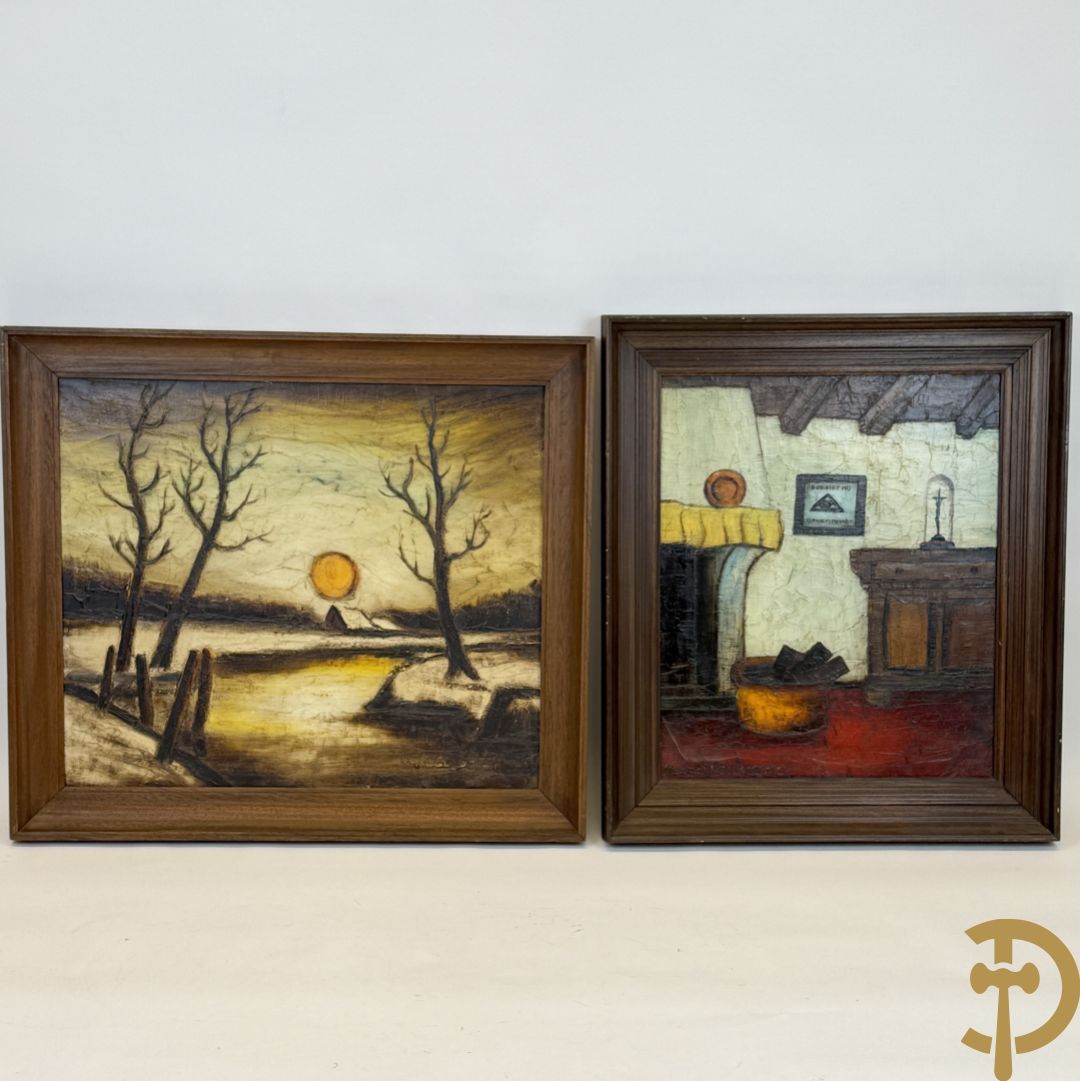 BEECKMAN Marcel getekend 'Winters rivierzicht met ondergaande zon' olie op doek + BEECKMAN Marcel getekend '75 'Vlaams interieurzicht met haard' olie op doek