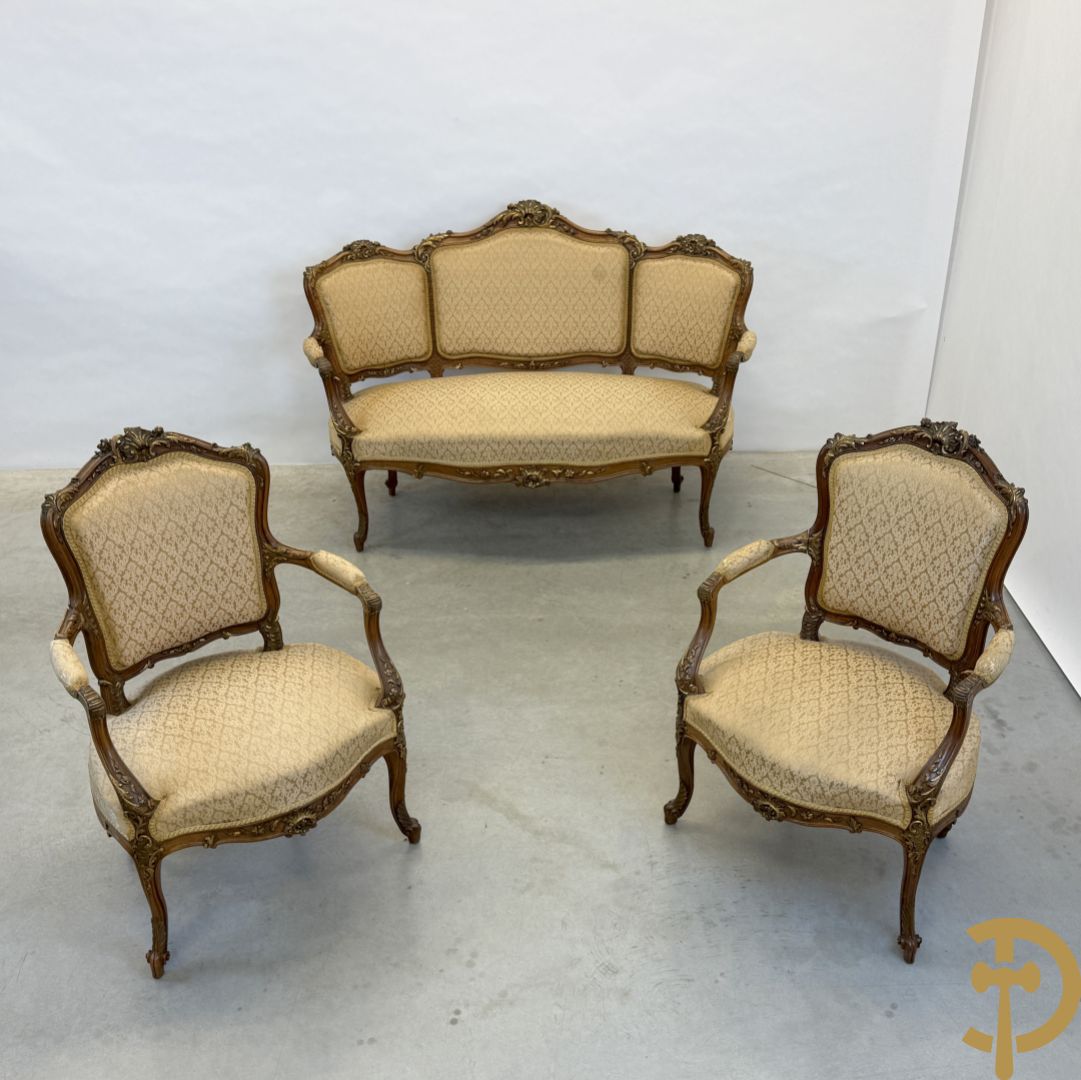 Notelaren Louis XV canapé en 2 armzetels met rocailles