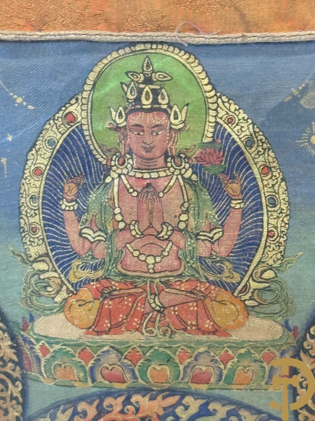 Oude handbeschilderde batic met Boedhistische afbeeldingen ingelijst achter glas