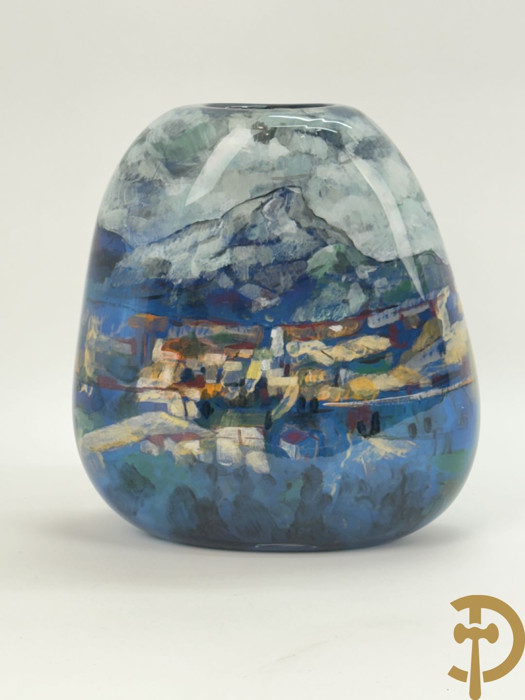 Ongetekend kleurrijke modernistische glaspasta vaas met impressionistisch landschapsdecor