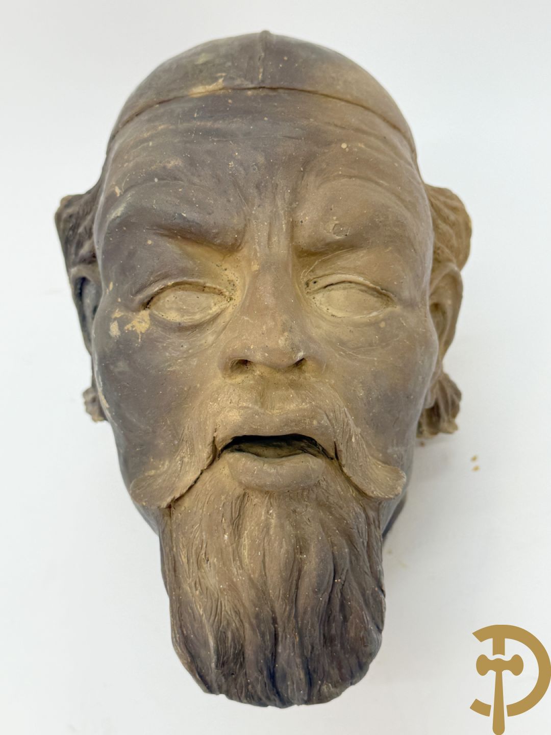 Houtgesculpteerd eiken basrelief karakterkop van man met baard + terra cotta karakterkop van man met baard, achteraan gemerkt Buster 