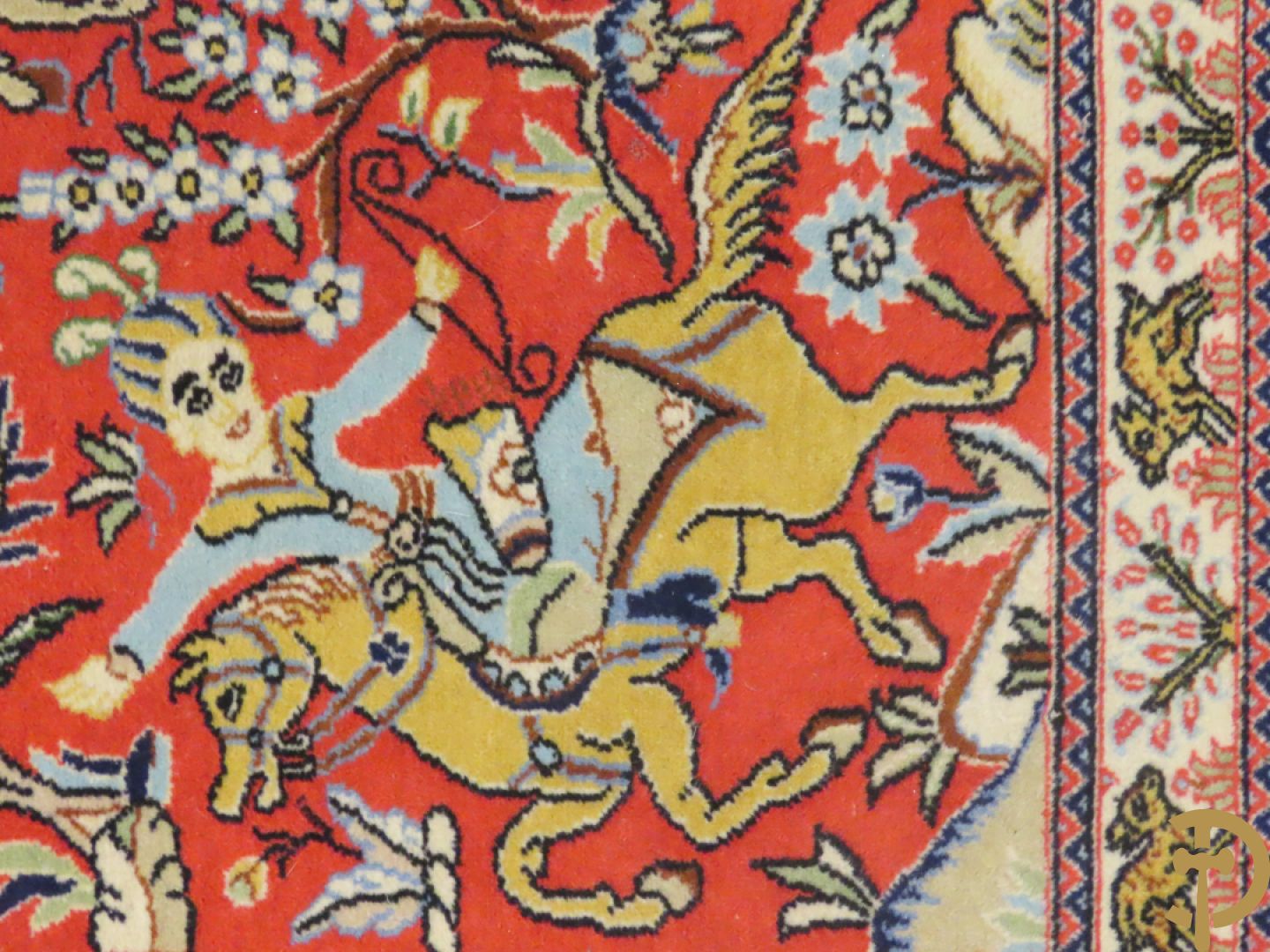 Oosters handgeknoopt tapijt met ruiter-en dierenmotieven