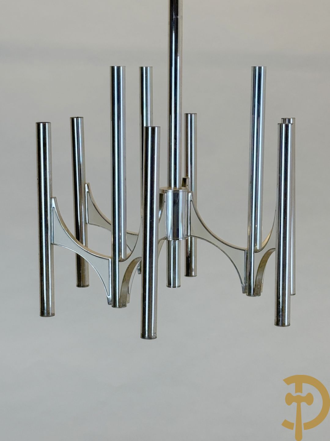 Vintage luchter met chromé buizen en 9 lichtpunten, Sciolari