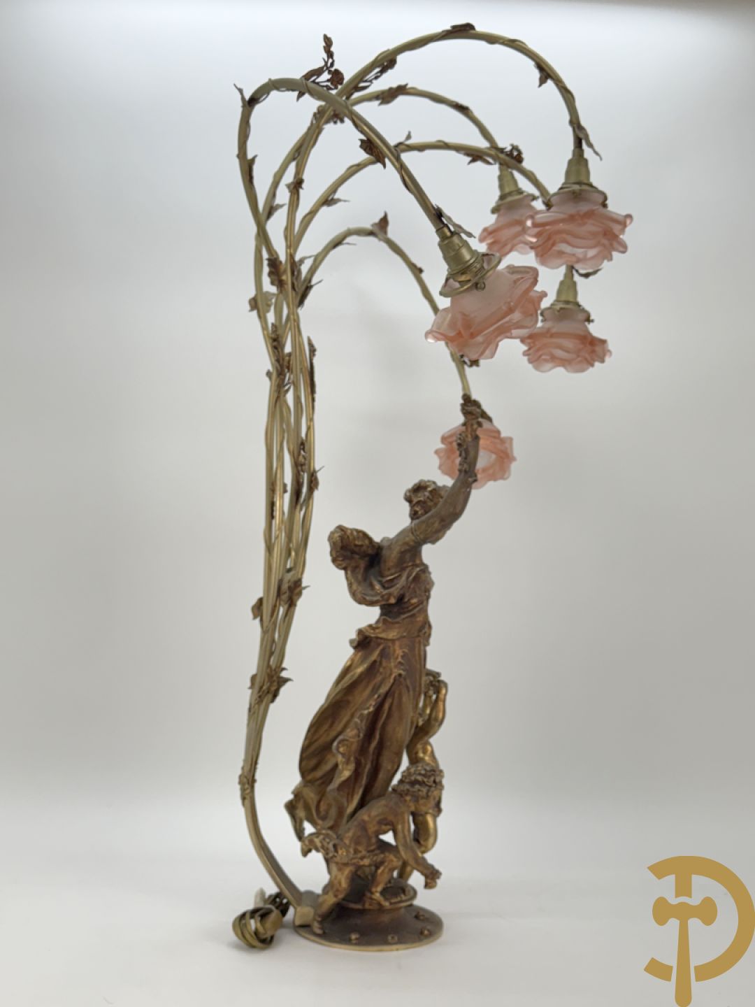 POITE getekend - Vuurverguld bronzen beeld van dame met kinderen houdende een toorts, achteraan 5 lichtpunten