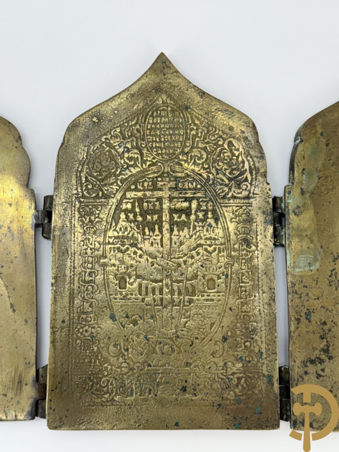 Vierdelige koperen Russische reisikoon + bronzen Neo Gotisch koffertje