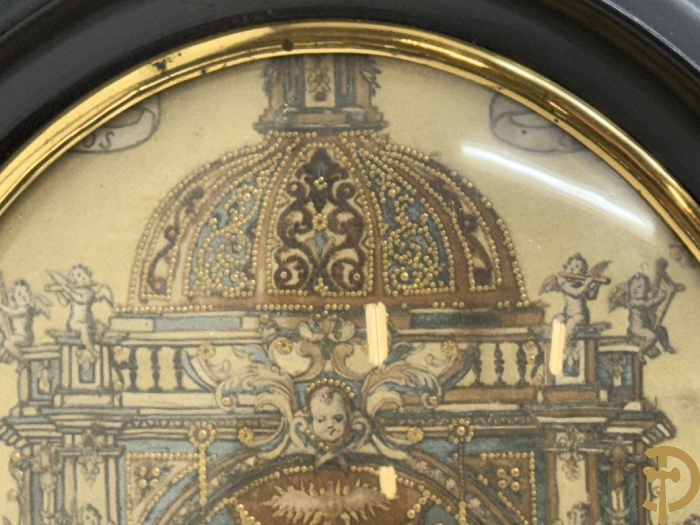 Voorstelling van Madonna met kind, deels verguld, deels geaquarelleerd - in ovale lijst + Voorstelling van Madonna met kind in textielwerk in ovale lijst + Madonna met kind in glazen kastje+ 2 kleine ovale medaillons in pijpaarde