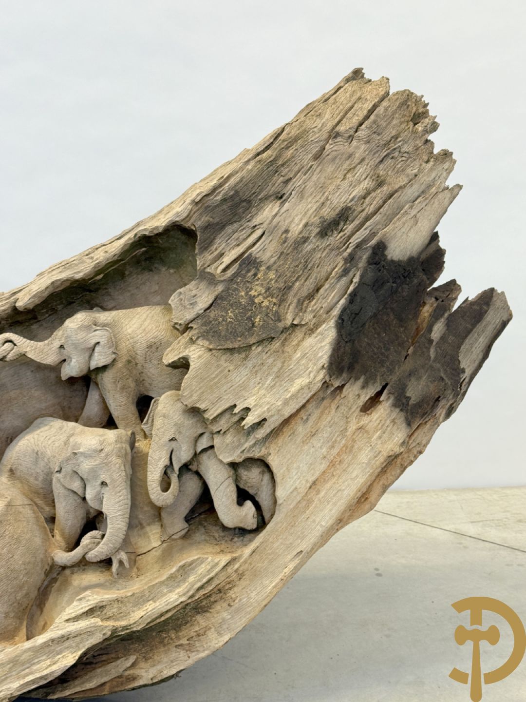 Teakhouten Aziatische sculptuur van groep olifanten