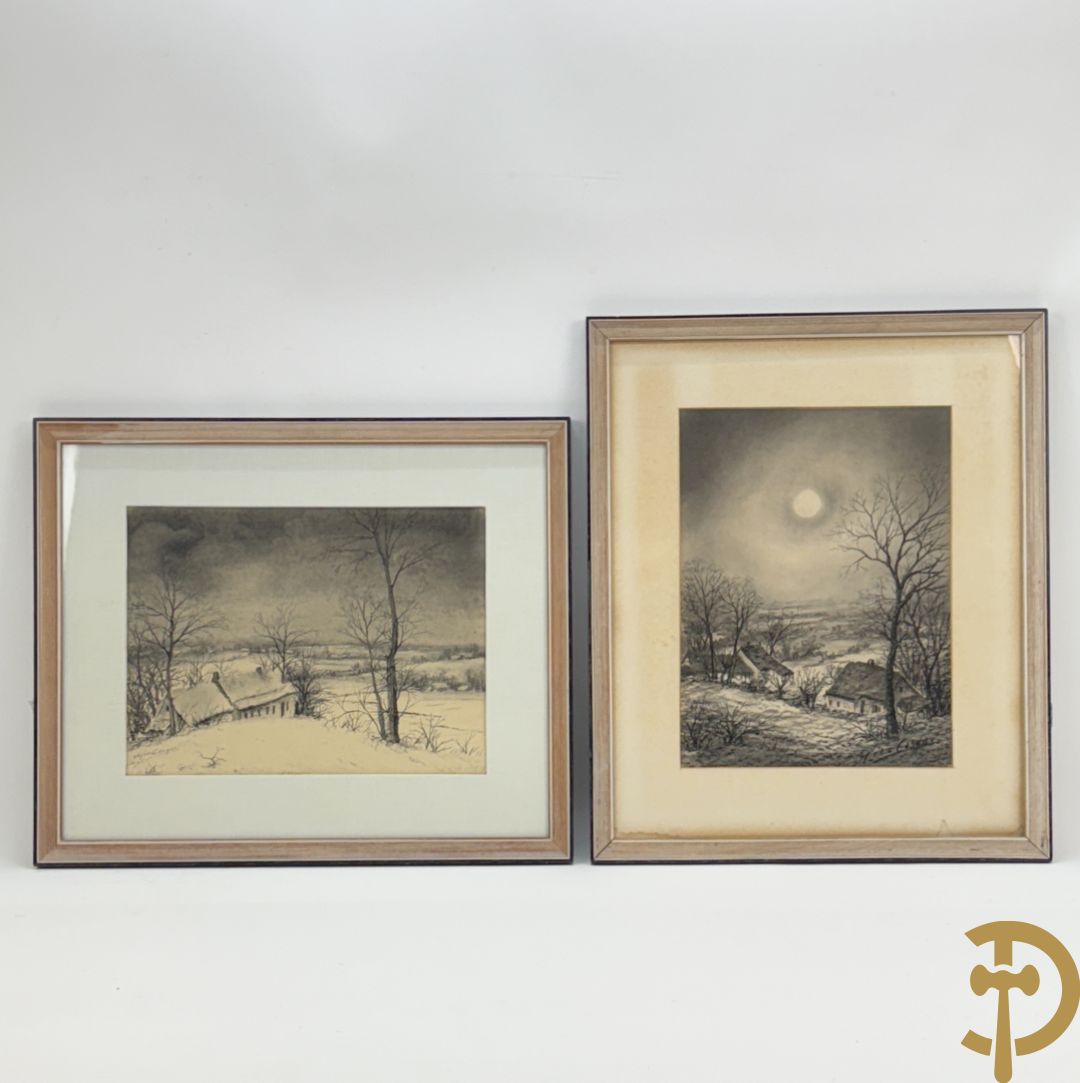 COSYNS Gies getekend 'Winters glooiend landschap met hoeves' houtskooltekening (2 stuks)