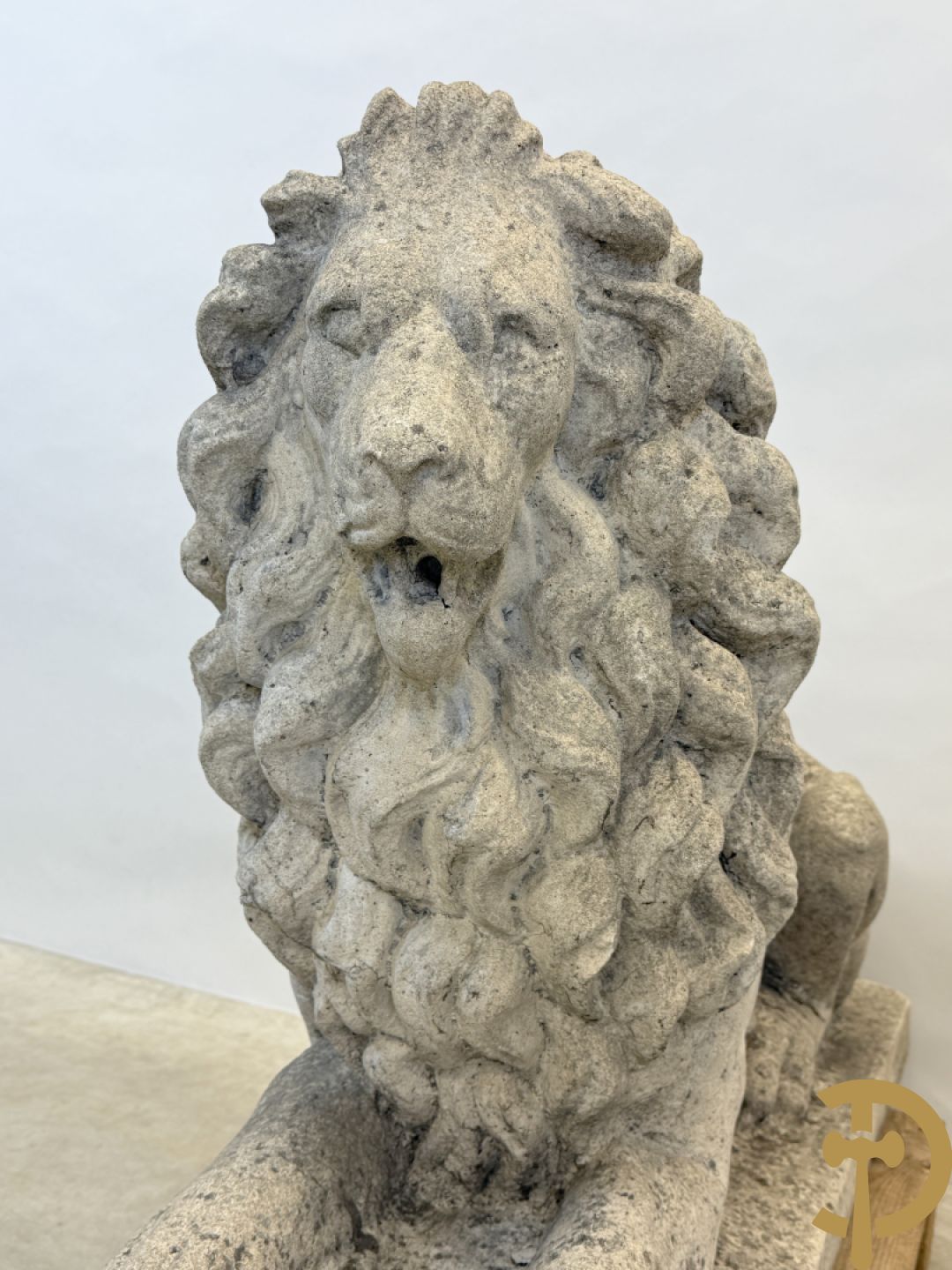 Paar betonnen tuinbeelden van leeuwen