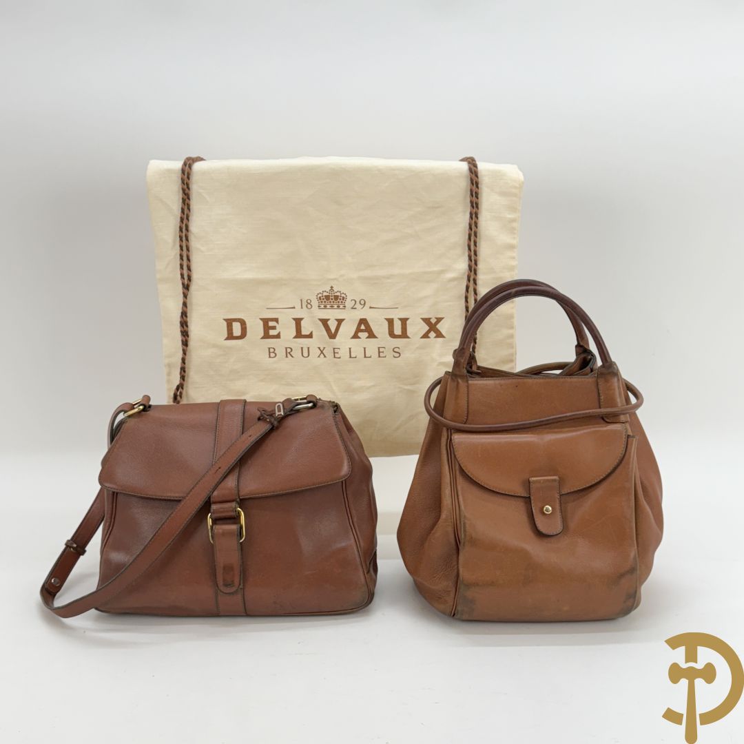 Bruin lederen handtas Delvaux + cognac lederen schoudertas Equivoque Delvaux
