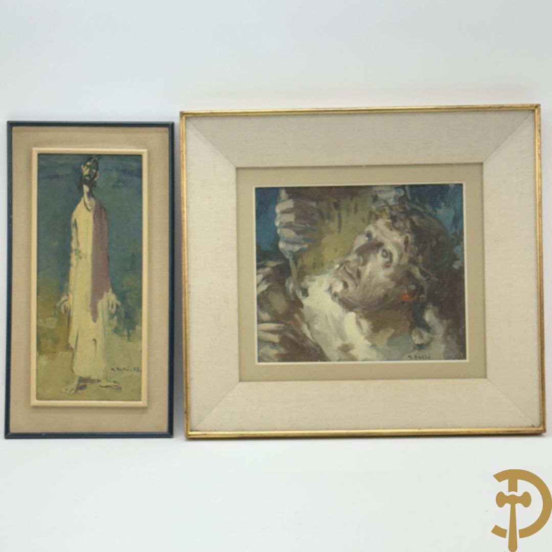 BOLLE M. getekend (Martin) 'Christushoofd' olie op unaliet + BOLLE M. getekend '63 'Staande Christusfiguur' olie op unaliet
