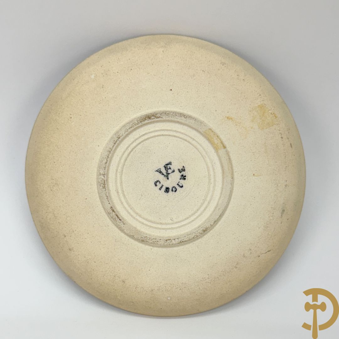 Tète à tète in meerkleurige faience Grès van Ciboure, getekend R. Le Corrone, bestaande uit theekan, melkkan, suikerpot, 2 tasjes en 2 schoteltjes