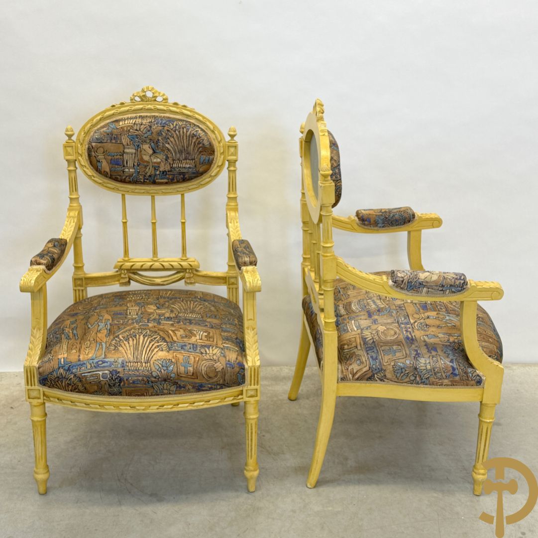 Vijfdelig gepolychromeerd Louis XVI salonensemble bestaande uit canapé, 2 fauteuils en 2 stoelen