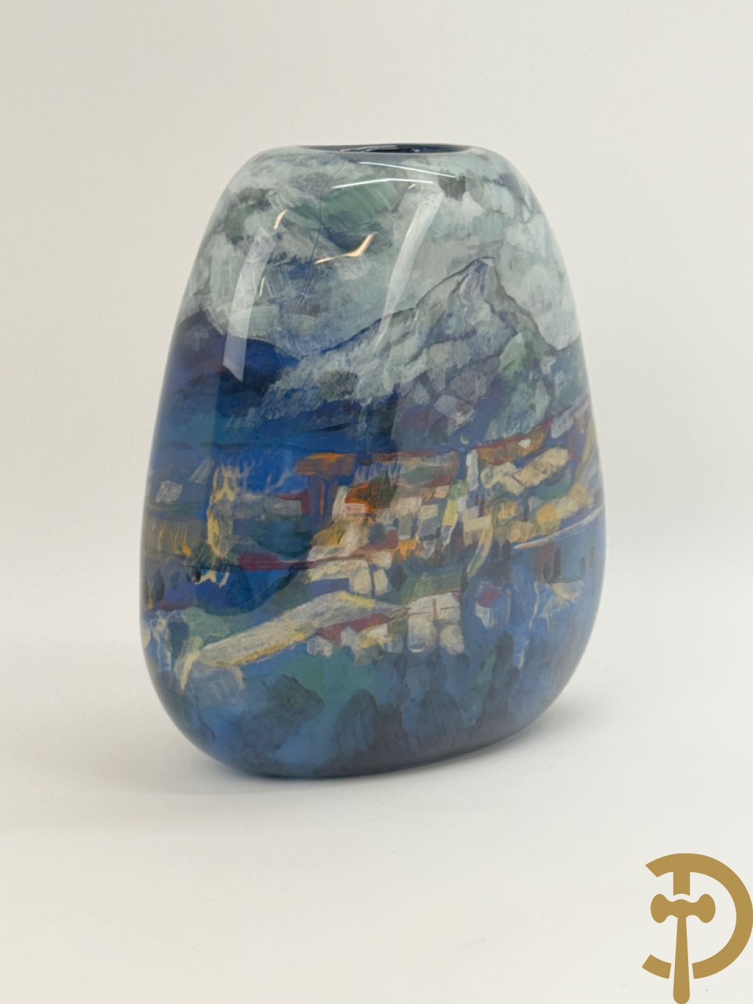 Ongetekend kleurrijke modernistische glaspasta vaas met impressionistisch landschapsdecor