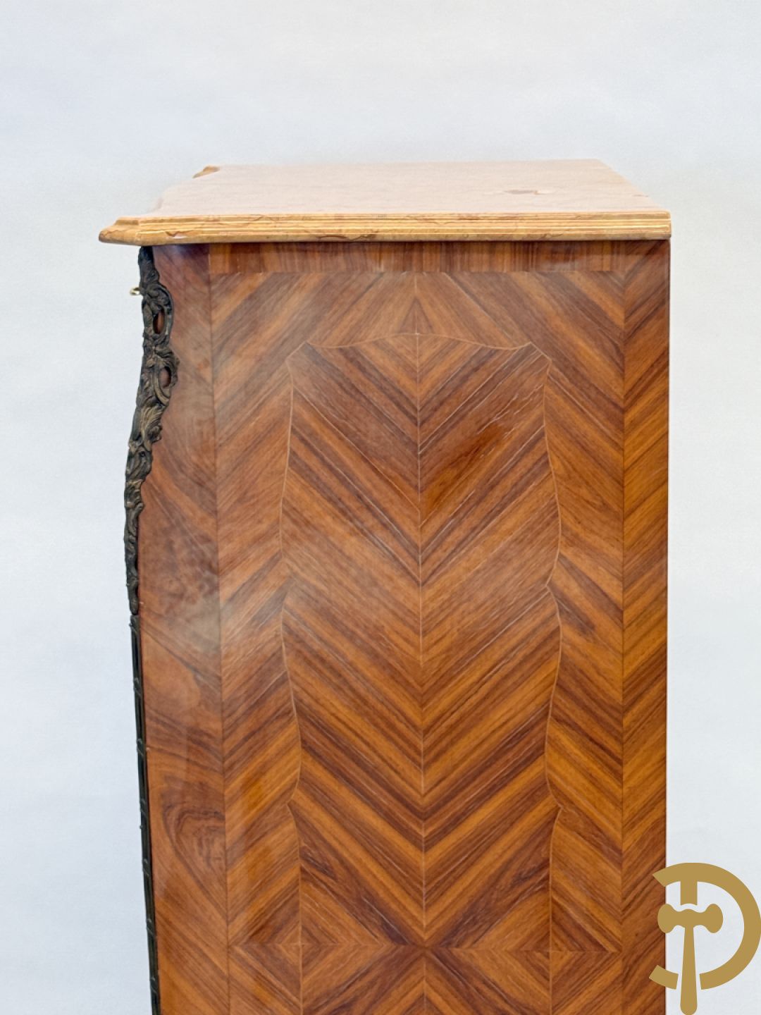 Notelaren klapsecretaire met 4 lades en bloemenmarquetterie, bezet met bronzen ornamenten - bovenaan met marmeren blad