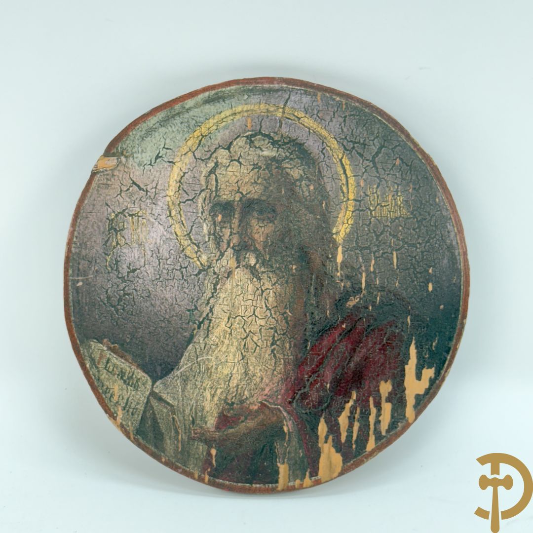 Rond handbeschilderd paneel met evangelist