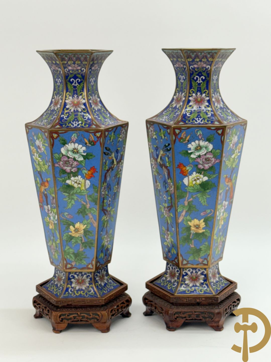 Paar zeshoekige cloisonévazen met bloemen en vogeldecor - op houten sokkels