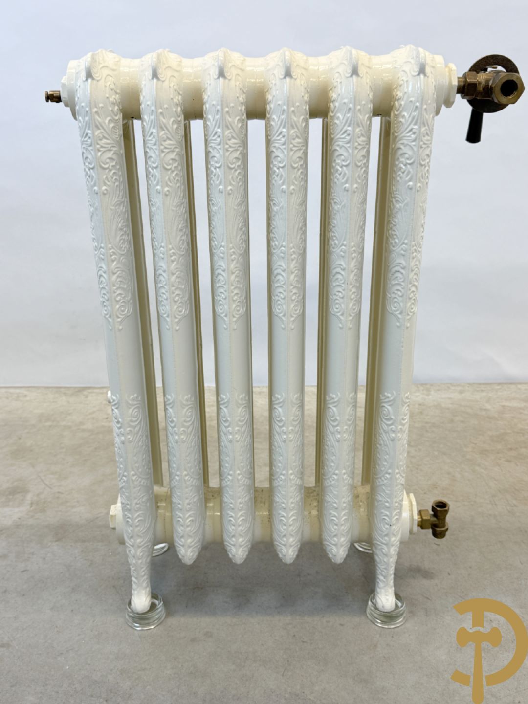 Gietijzeren Art Nouveau stijl radiator met 6 elementen op glazen pootjes - met bijhorende accessoires