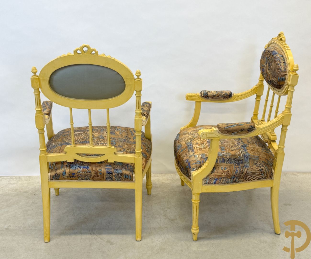 Vijfdelig gepolychromeerd Louis XVI salonensemble bestaande uit canapé, 2 fauteuils en 2 stoelen