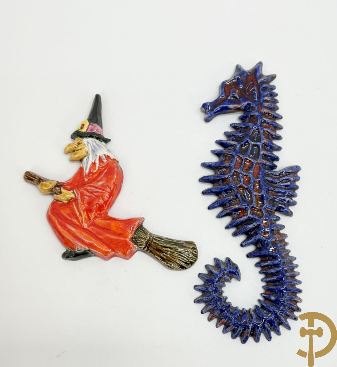 Vintage keramieken dekselpotiche van Amphora, schaal Perignem, Goud dekselpotiche, Flora Holland kaarsenhouder, zeepaard en vliegende heks