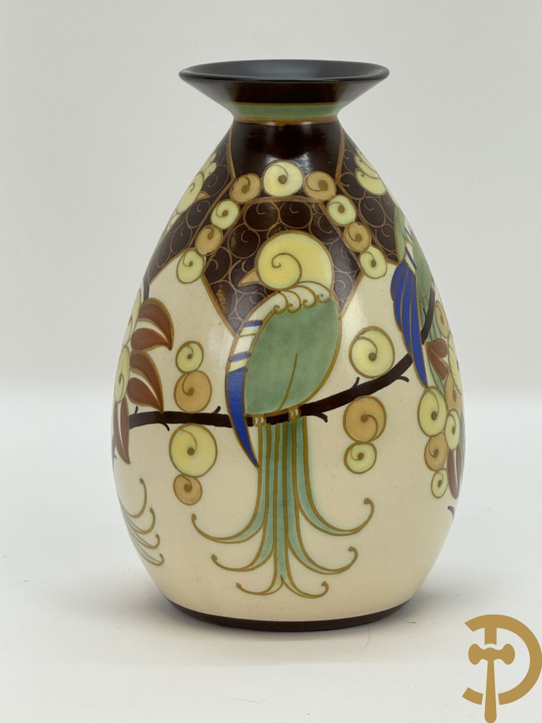 Keramieken Keramis Art Deco vaas met papegaaiendecor, Nr. 1130, Decor 945