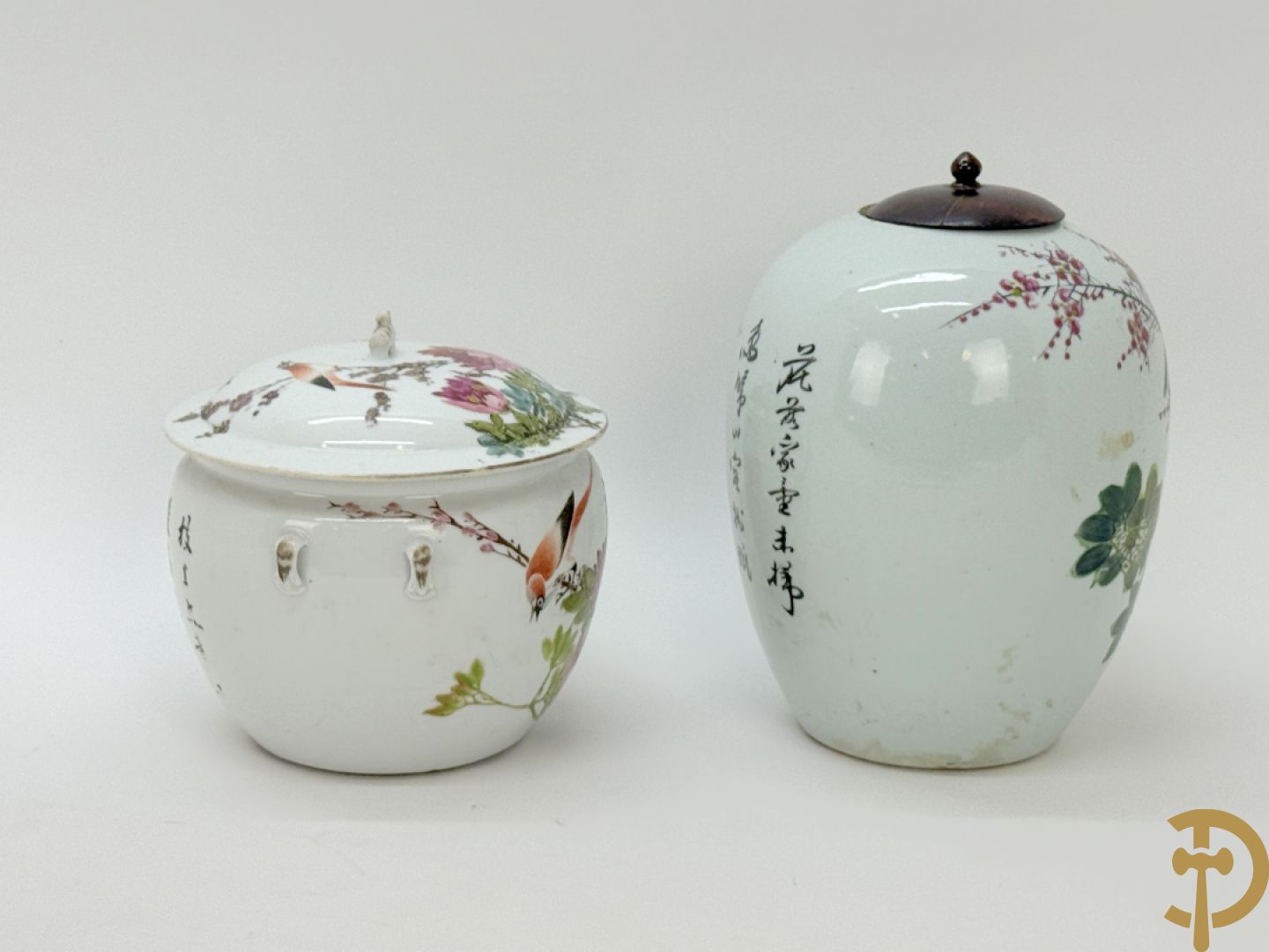 Chinese porseleinen dekselpotiche met vogel- en bloemendecor + Chinese porseleinen dekselkom met bloemen- en vogeldecor
