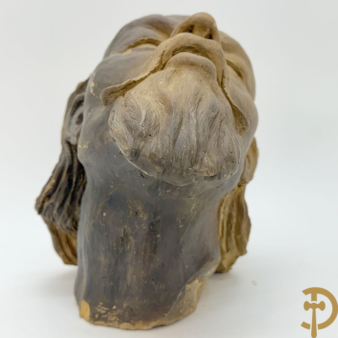 Houtgesculpteerd eiken basrelief karakterkop van man met baard + terra cotta karakterkop van man met baard, achteraan gemerkt Buster 