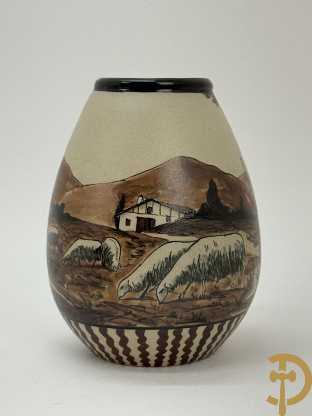 Vaasje in Grès met handbeschilderd geanimeerd landschapsdecor met herder en kudde, Ciboure Garcia de Diego