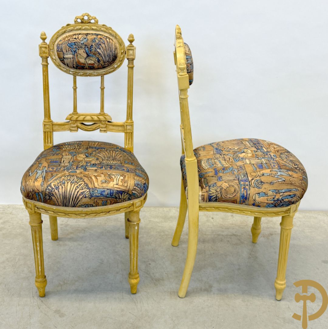 Vijfdelig gepolychromeerd Louis XVI salonensemble bestaande uit canapé, 2 fauteuils en 2 stoelen