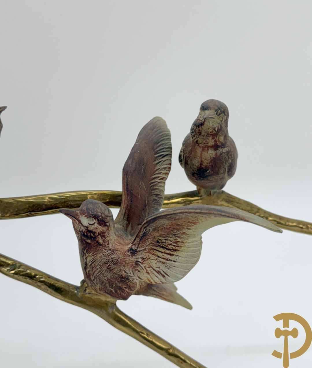 Ongetekend - Vergulde bronzen tak met zes vogels, op onix marmeren sokkel