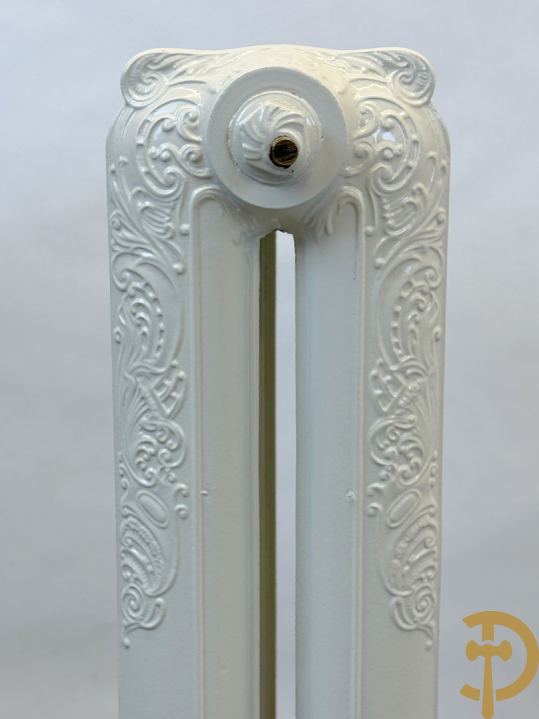 Gietijzeren Art Nouveau stijl radiator met 6 elementen op glazen pootjes - met bijhorende accessoires