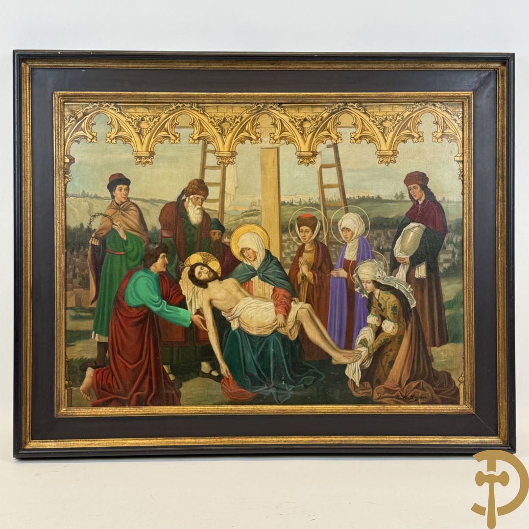 BRYON R.A. getekend 'De kruisafneming' beschilderde lithografie olie op lijnwaad met Neo Gotieke invloeden