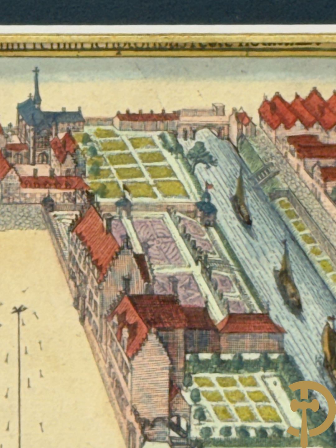 Handgekleurde kopergravure van de Kouter Gent uit Sanderus + handgekleurde kopergravure van Gravensteen uit Sanderus