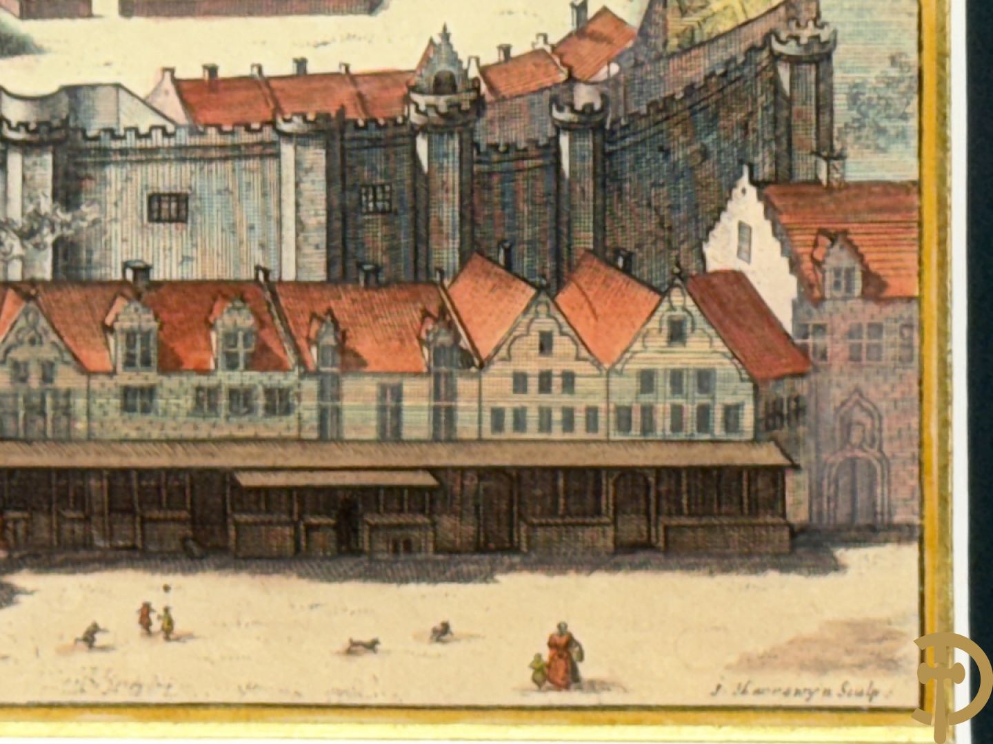 Handgekleurde kopergravure van de Kouter Gent uit Sanderus + handgekleurde kopergravure van Gravensteen uit Sanderus