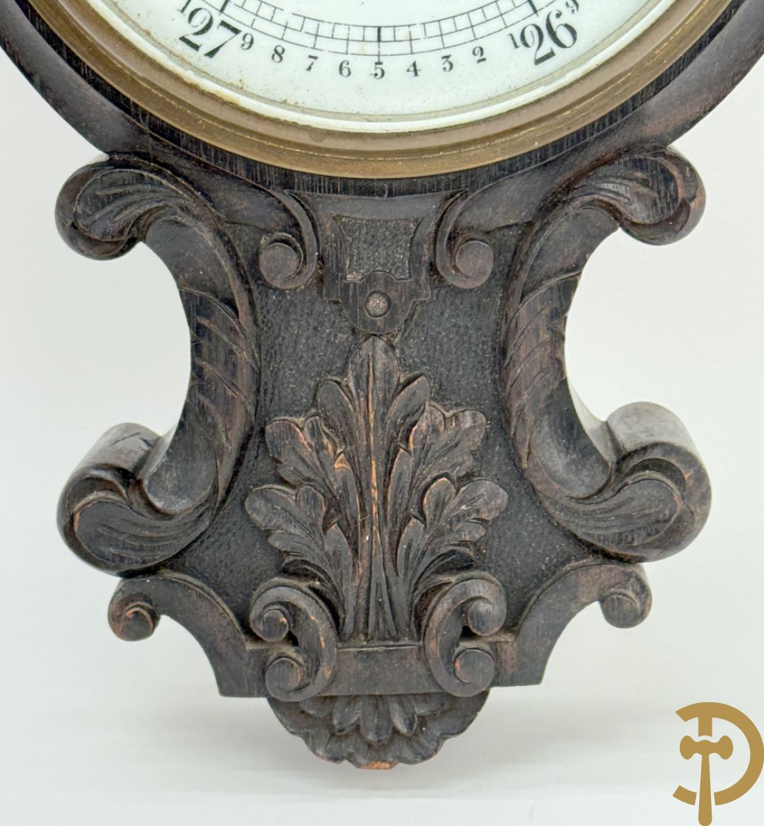 Massief eiken Engelse gesculpteerde baro- en thermometer + houtgesculpteerde console van narrenfiguur met basrelief