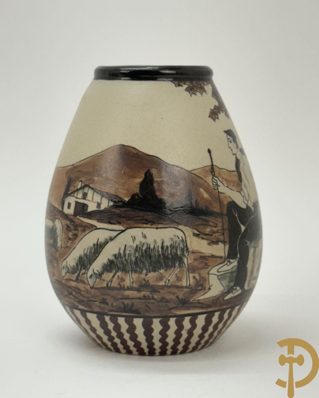 Vaasje in Grès met handbeschilderd geanimeerd landschapsdecor met herder en kudde, Ciboure Garcia de Diego