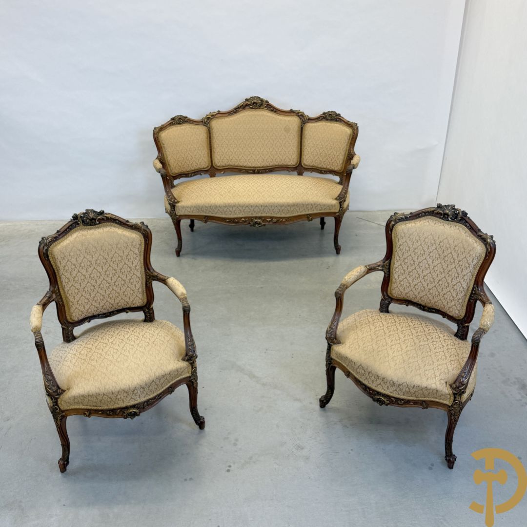 Notelaren Louis XV canapé en 2 armzetels met rocailles