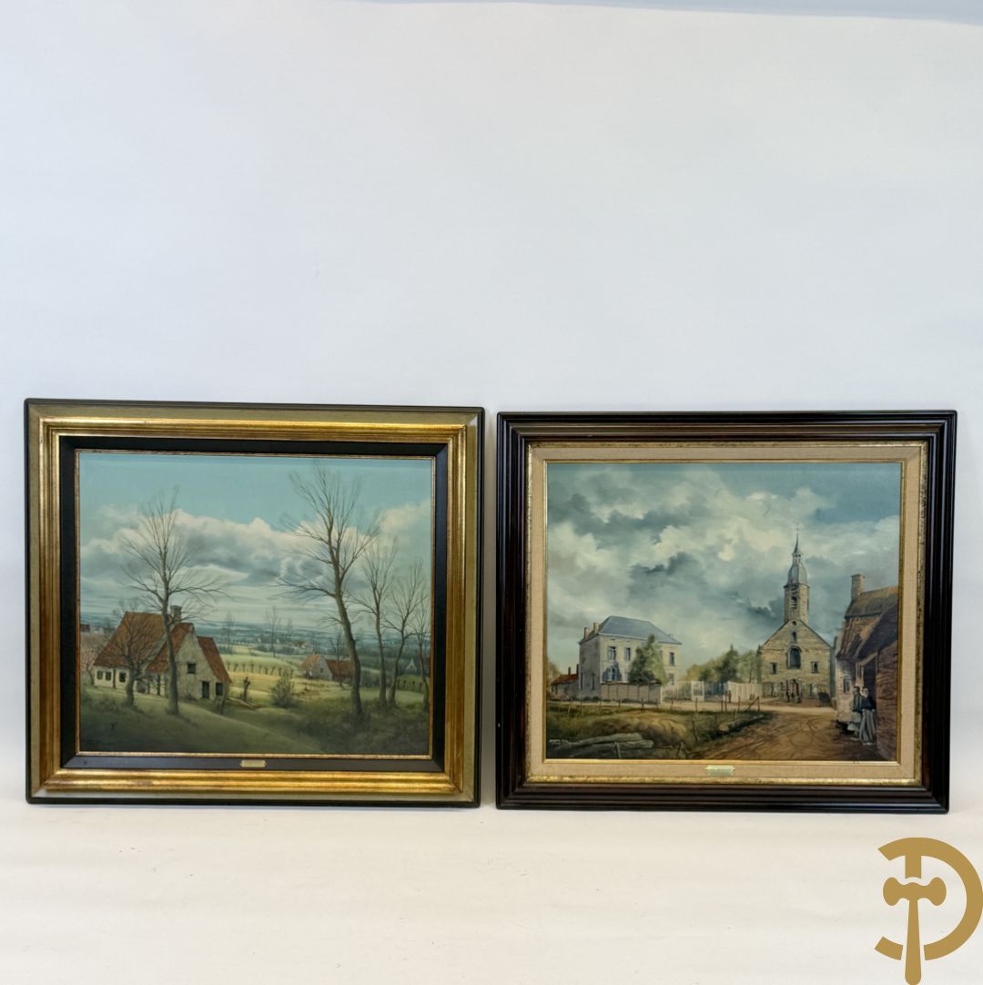 BOONAERT getekend 'Geanimeerd landhuis bij kerk' olie op doek + BOONAERT getekend 1979 achteraan 'Glooiend Vlaams landschap met hoeves' olie op doek