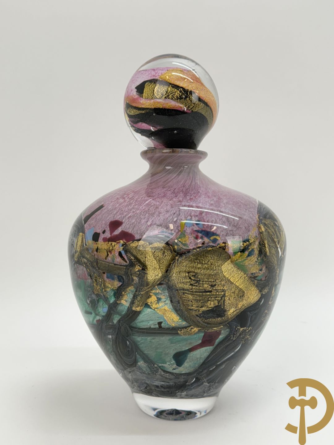 NOVARO Jean-Claude getekend onderaan - Glaspasta vaas met stop, getorst roze en gouddraad