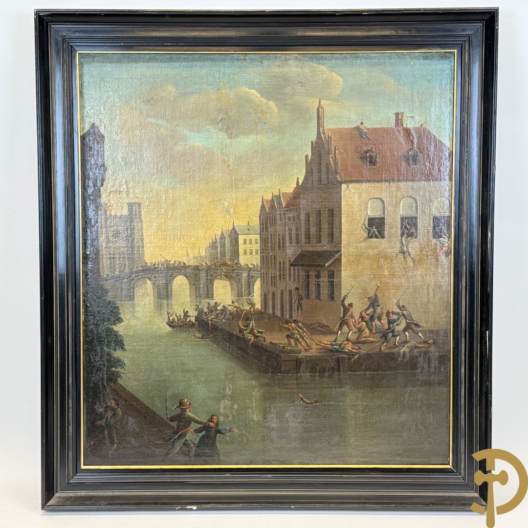 Ongetekend Vlaamse school 'Inname van versterkte stad' olie op doek herdoekt