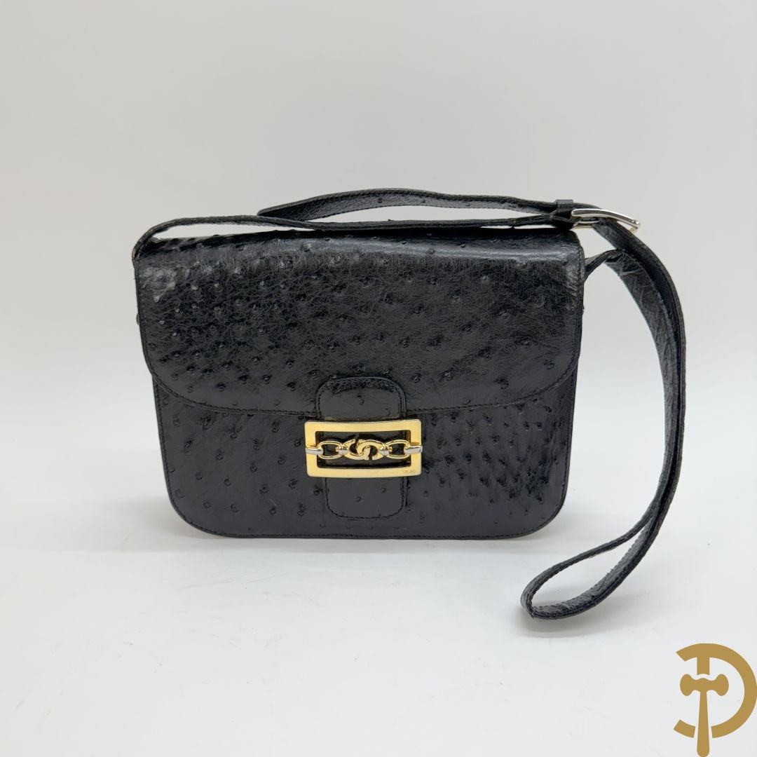 Vintage handtas in struisvogelleder met koperen ornament, Celine Paris, met bijhorende stofzak