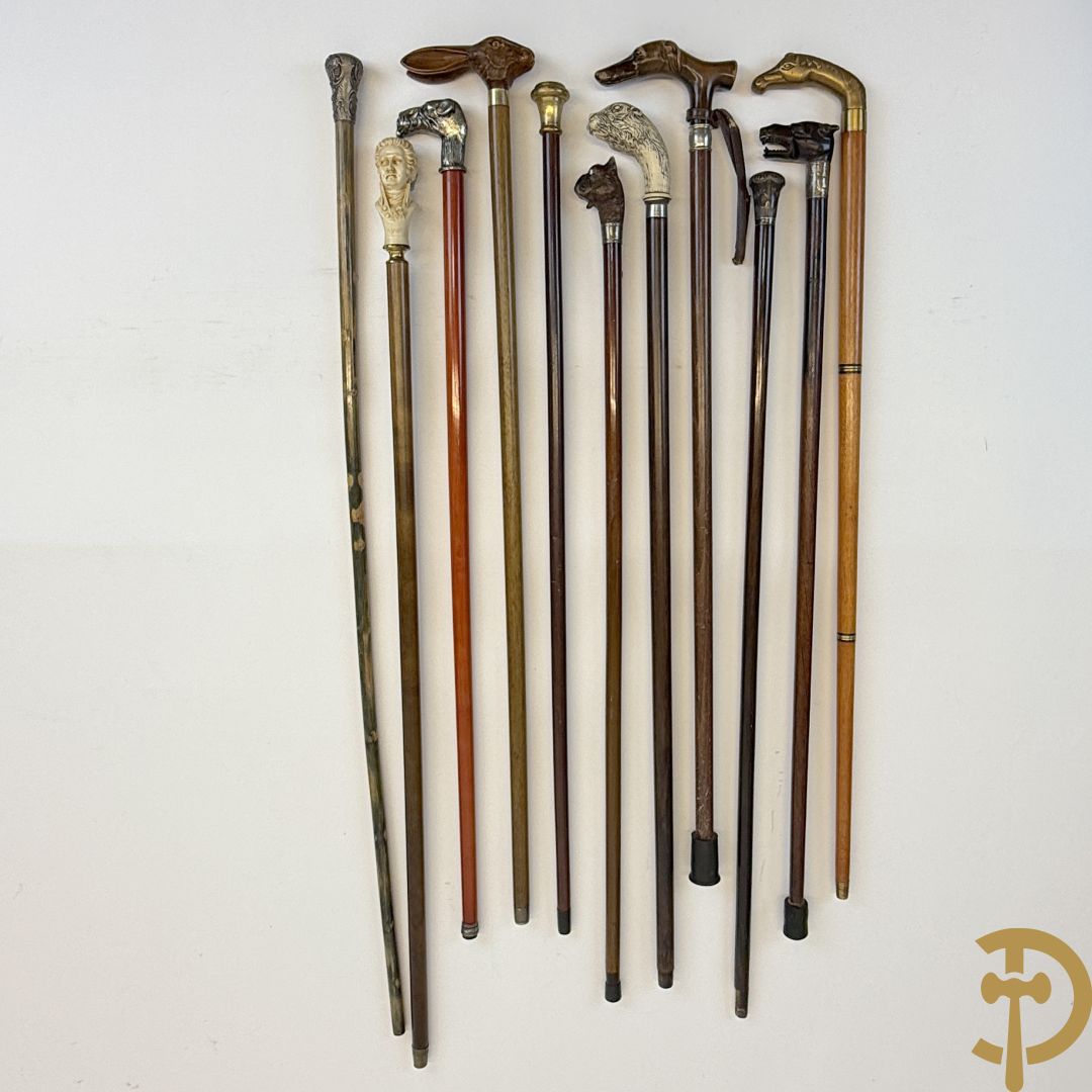 Verzameling wandelstokken met o.a. dierenhoofden en zilveren ornamenten